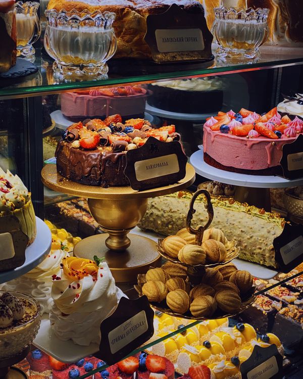 Cakes in a bakery display, illustrating your brand